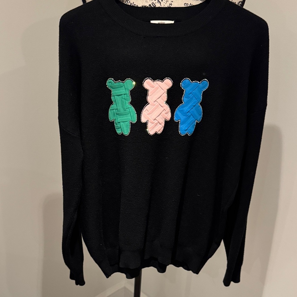 Black Sweater with Colorful Bear Accents